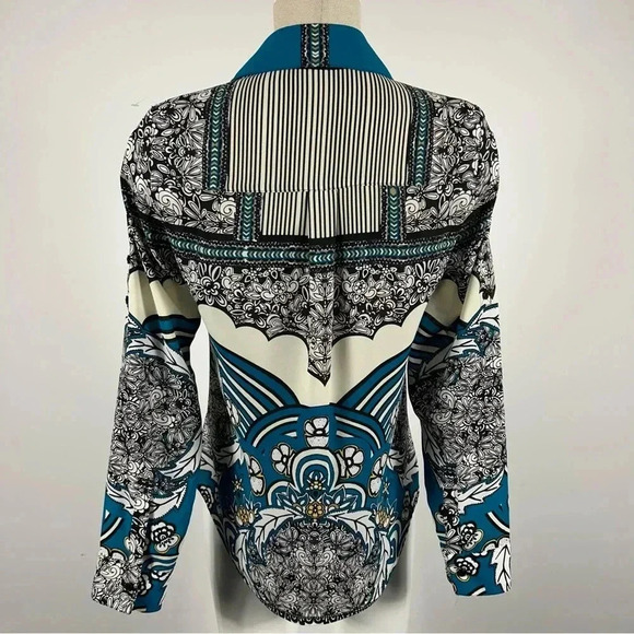 ❤️ Express Portofino Blouse Teal Black Roll Tab Sleeves Floral Stripes XS - Picture 6 of 11